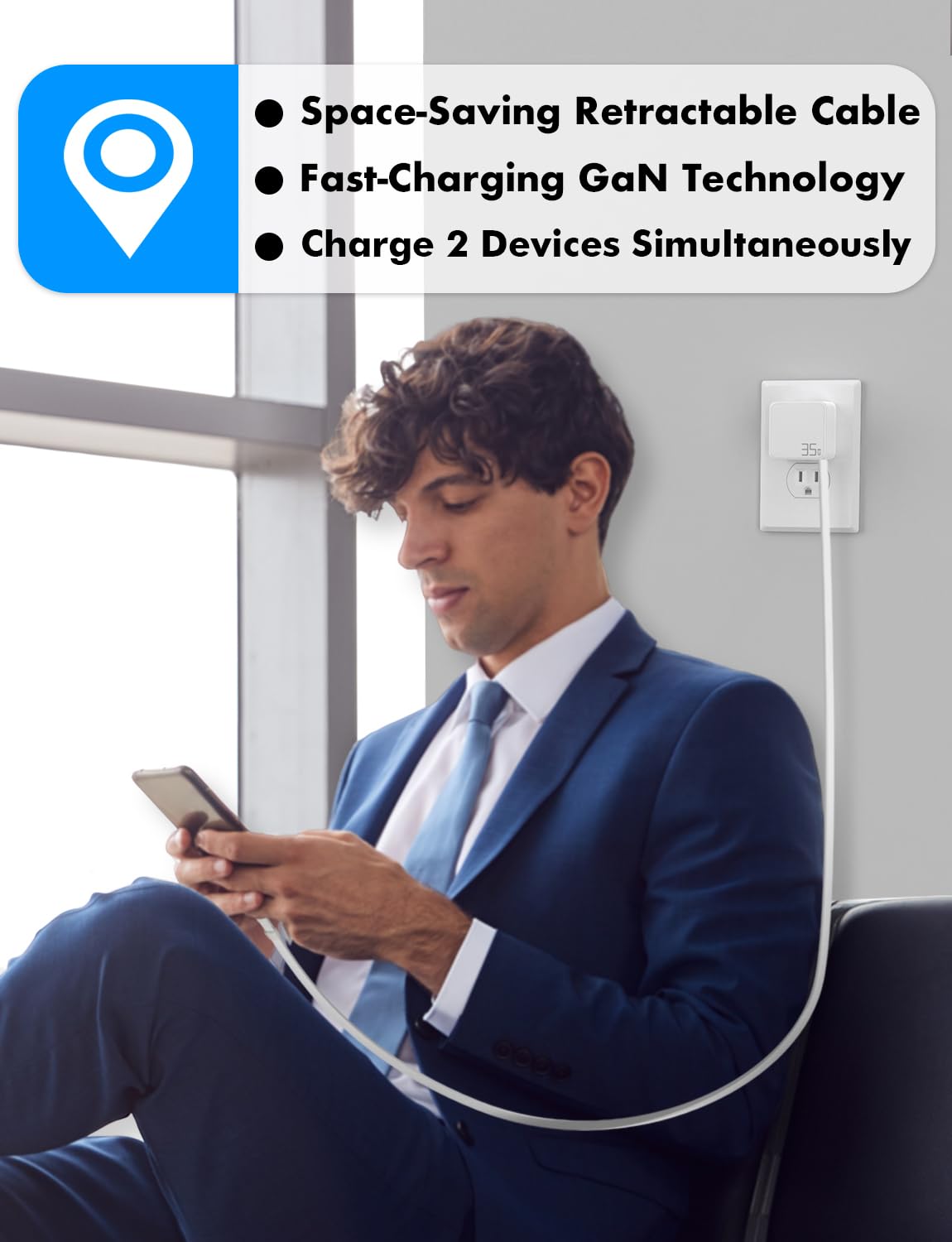 TRAVEL DEPOT USB C Retractable Charger, GaN PD 35W Charger Block w/Retractable Type C Cable Portable Wall Phone Chargers Fast Charging Adapter