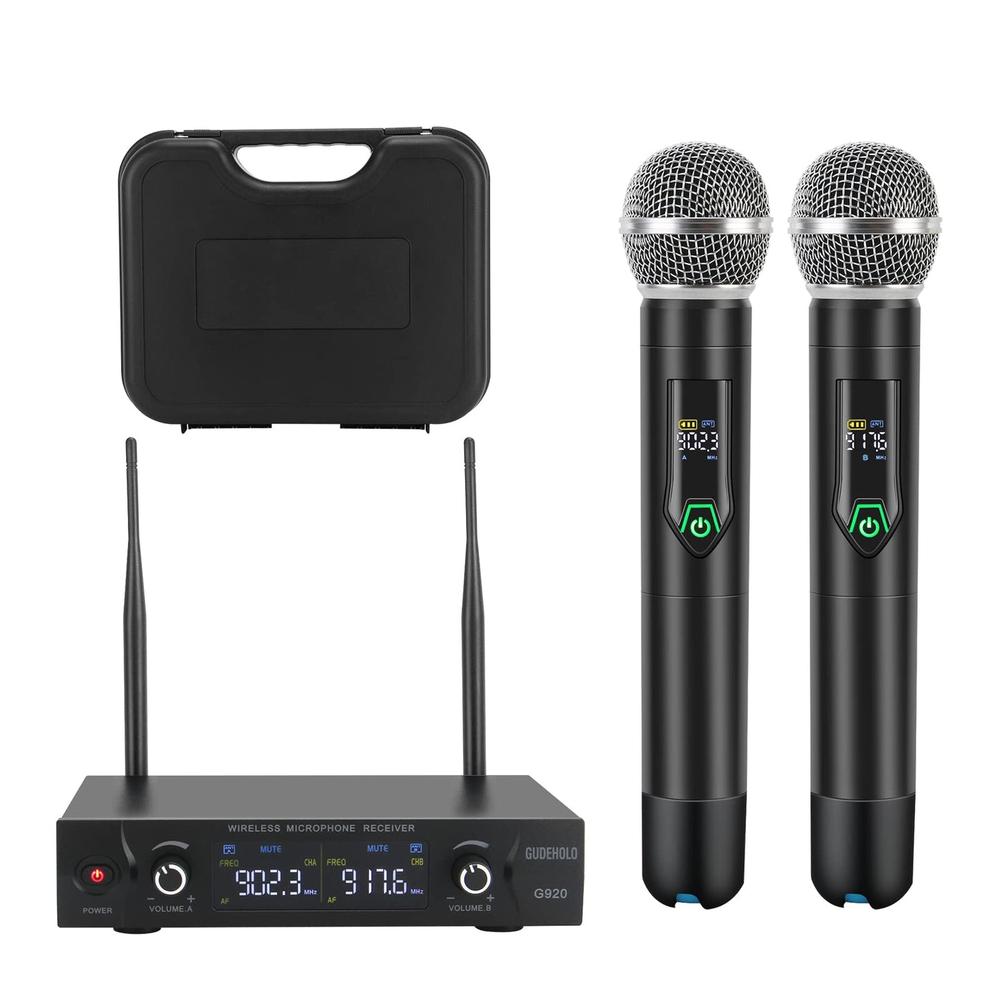 GUDEHOLO Wireless Microphone System with case, Metal UHF Dual Handheld 20 Channels Professional Cordless Mic System for Church, DJ, Karaoke,Wedding