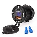 BUNKER INDUST Car Charger Socket Quick Charge 3.0QC,Dual Port USB Type C Outlet with Blue LED Digital Voltmeter,Aluminum Power Adapter 12V/24V