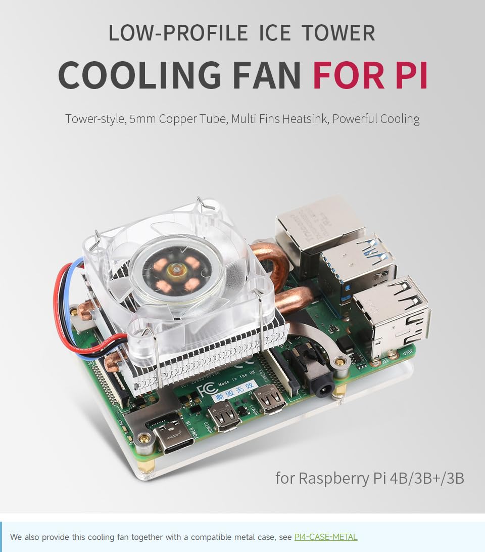 Waveshare Low-Profile ICE Tower Cooling Fan for Raspberry Pi 4B/3B+/3B 5mm Copper Tube Colorful LED