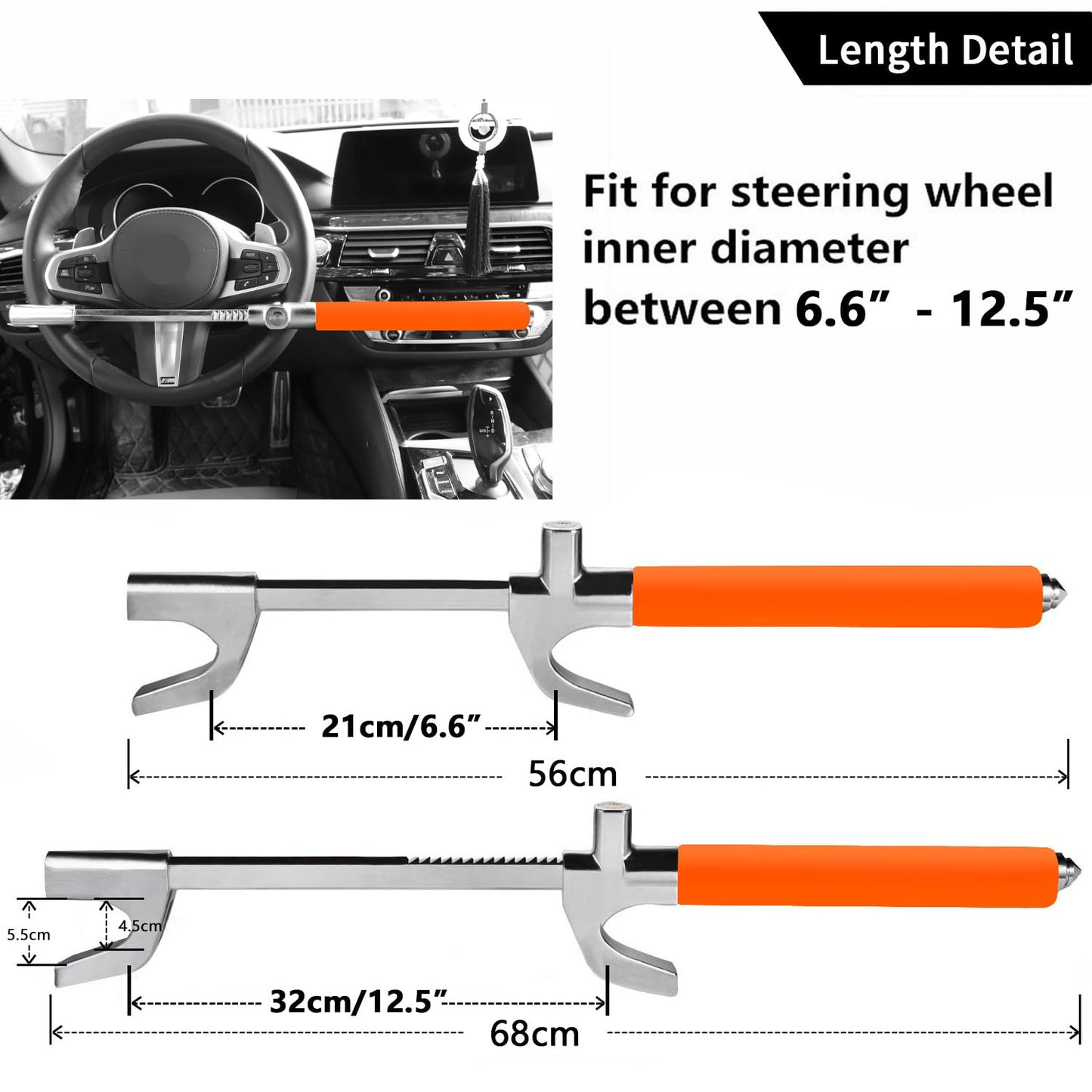 Tevlaphee Steering Wheel Lock, Steering Lock, Car Anti-Theft Device, Adjustable, Universal Fit, Heavy Duty Secure, 3 Keys, Emergency Hammer Window