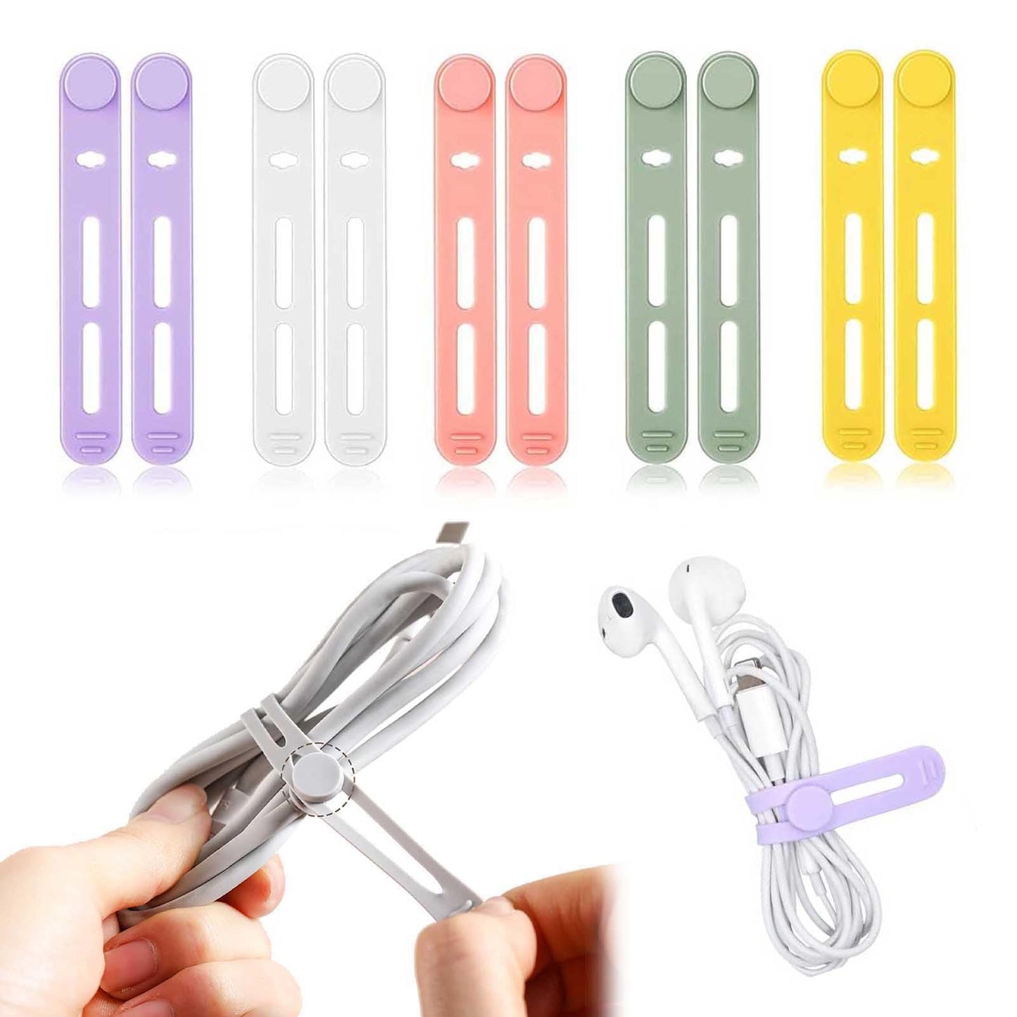 10Pcs Silicone Cable Ties, Reusable & Washable with Locking Buckle Design, Multi-Purpose High Elasticity Cord Organizer for Earphone, Phone Charger (5