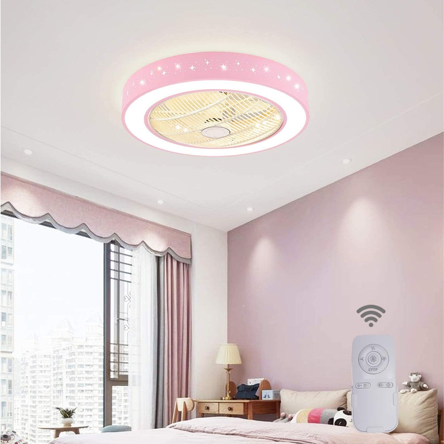TFCFL 22" Invisible Ceiling Fan with Light, Modern Round Semi Flush Mount Chandelier Fan Drum Shaped Star Pattern with Controller Tri-Color 3 Speed