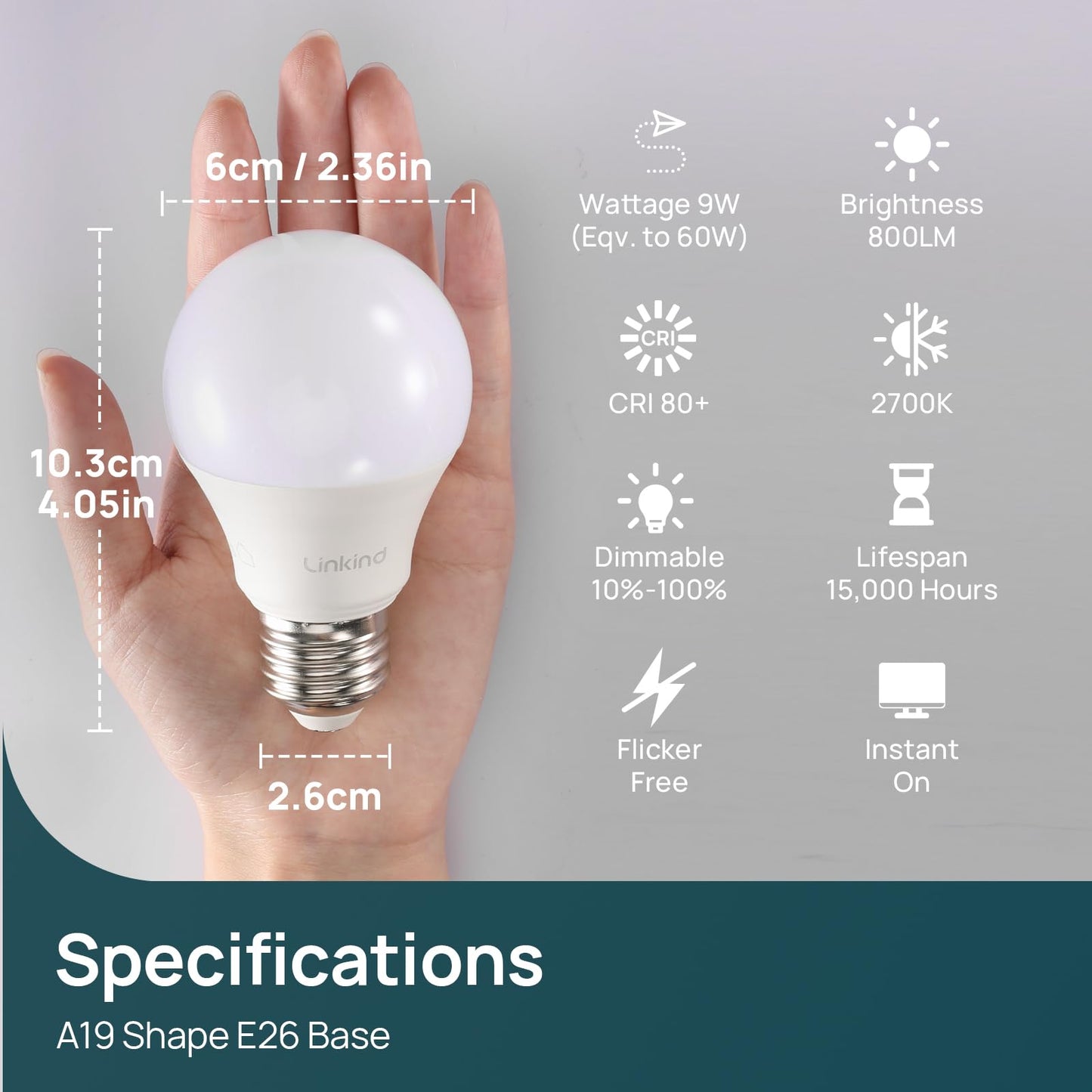 Linkind A19 LED Light Bulbs Dimmable, 60W Equivalent, Energy Efficient 9W, 2700K, 800 Lumens, E26 Standard Base, Lighting for Bedroom Living Room Home