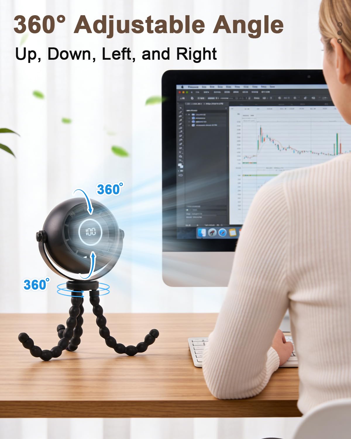 FIALAME Portable Stroller Fan,4000mAh Portable Fan for Stroller Rechargeable with Flexible Tripod,12.5H Battery,3 Speeds,LED Display,360° Rotate,Clip