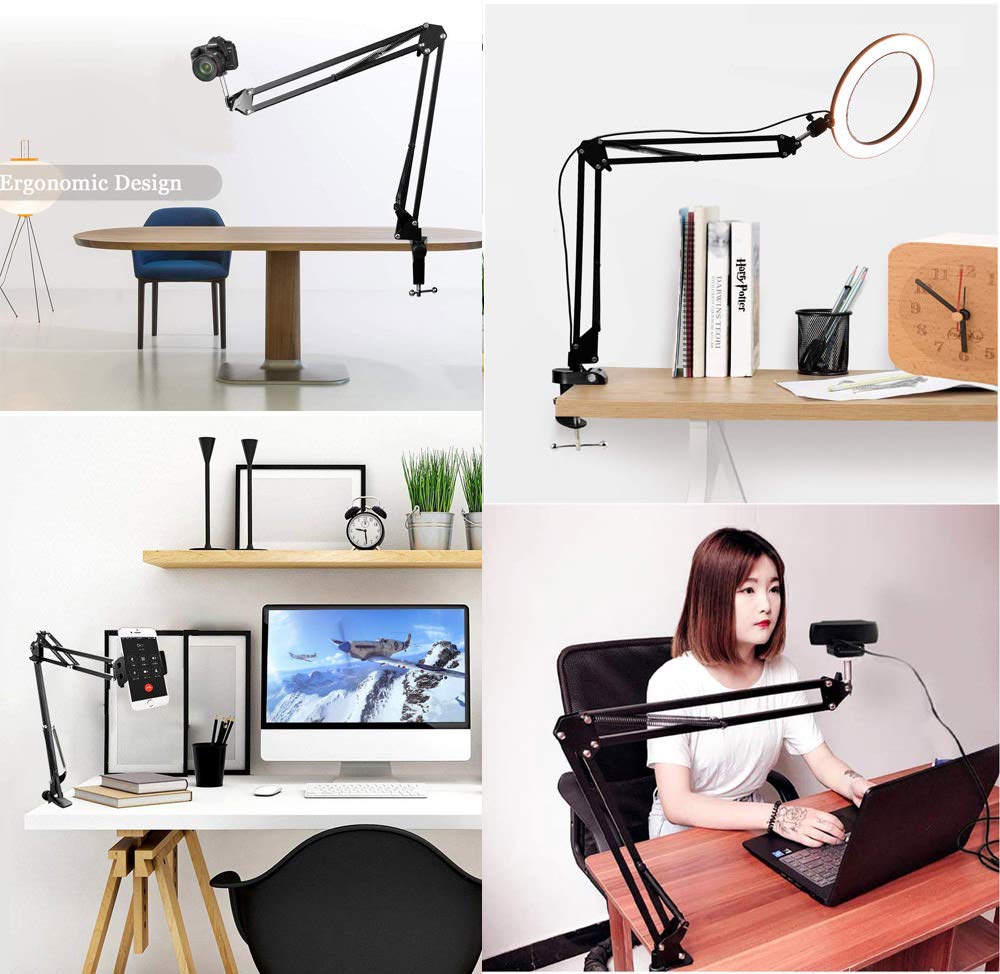 Overhead Tripod Mount for Camera Webcam Ring Light, Flexible Over Head Arm for iPhone with Phone Holder and Ball Head, Table Stand Accessory for Phone
