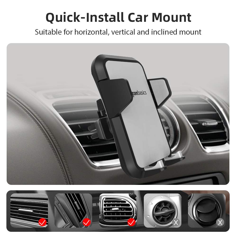 Amazon Basics Universal Portable Smartphone Holder for Car, Air Vent Mount, 360° Rotation, Easy to Install, One-Handed Release, Adjustable and Secure