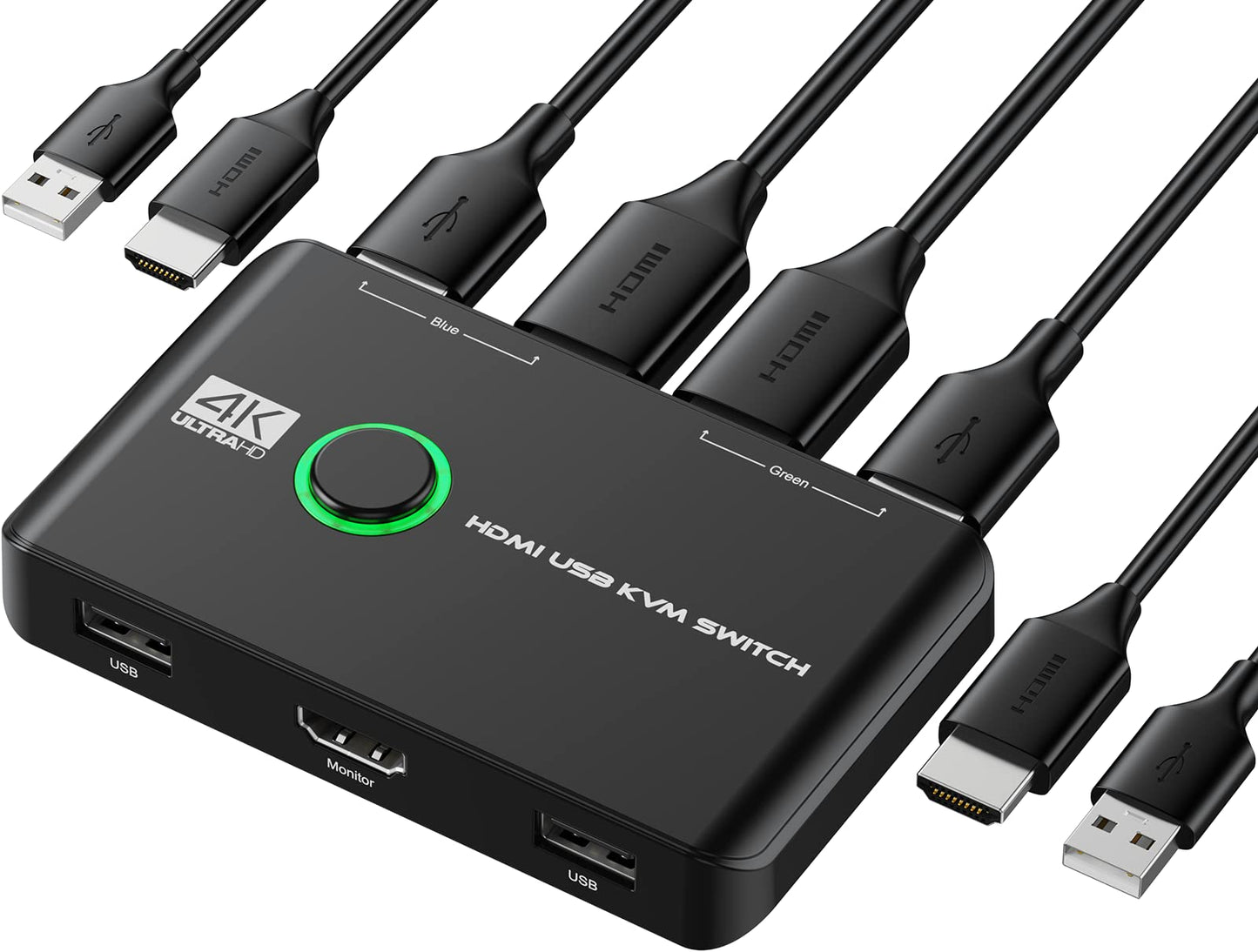 4K KVM Switch HDMI 2 Port Box, USB HDMI KVM Switches for 2 Computers Share Keyboard Mouse Printer and one HD Monitor, Support UHD 4K@60Hz, with 2 USB