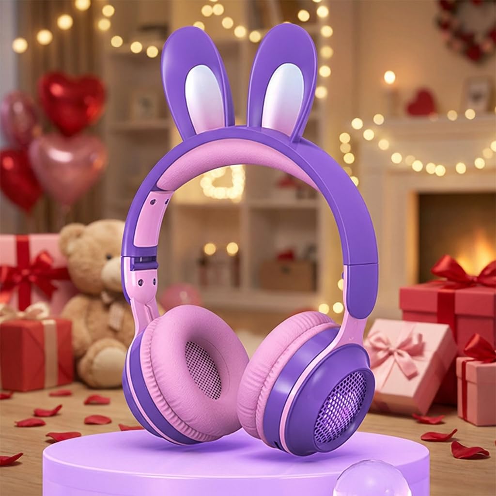 KERHAND Rabbit Purple Cat Headphones Bluetooth, Noise Cancelling, LED, Mic