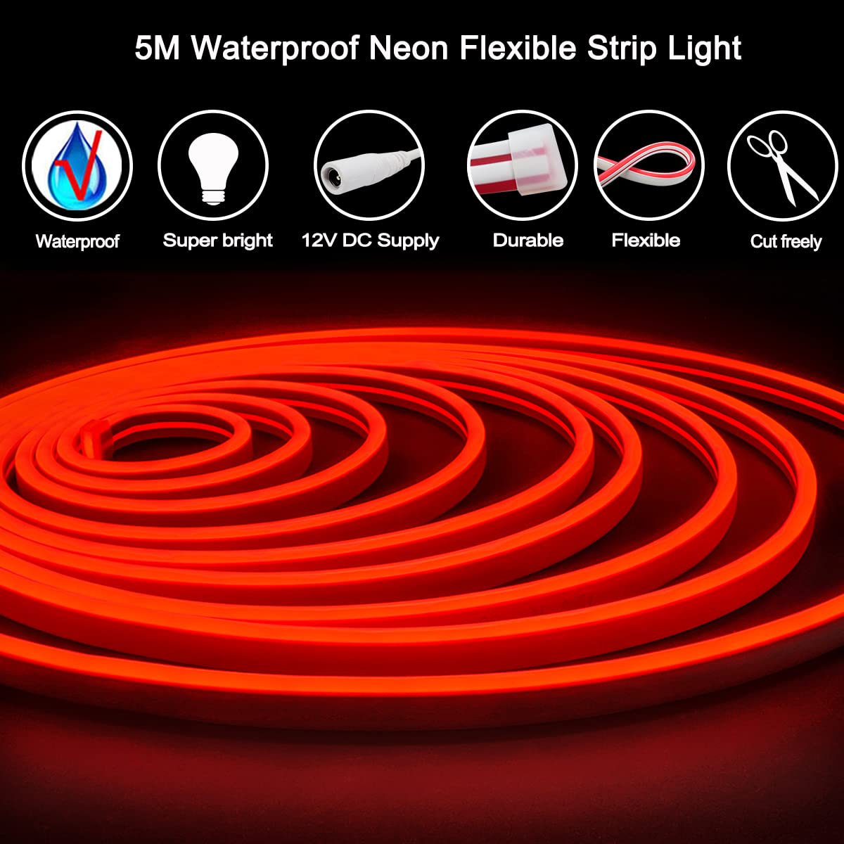 Tesfish Neon LED Strip Lights, DC 12V, 16.4ft 120 LEDs/M Total 600 LEDs Red Flexible Rope Light Strips for Bar, Playroom, Birthday, Christmas Party