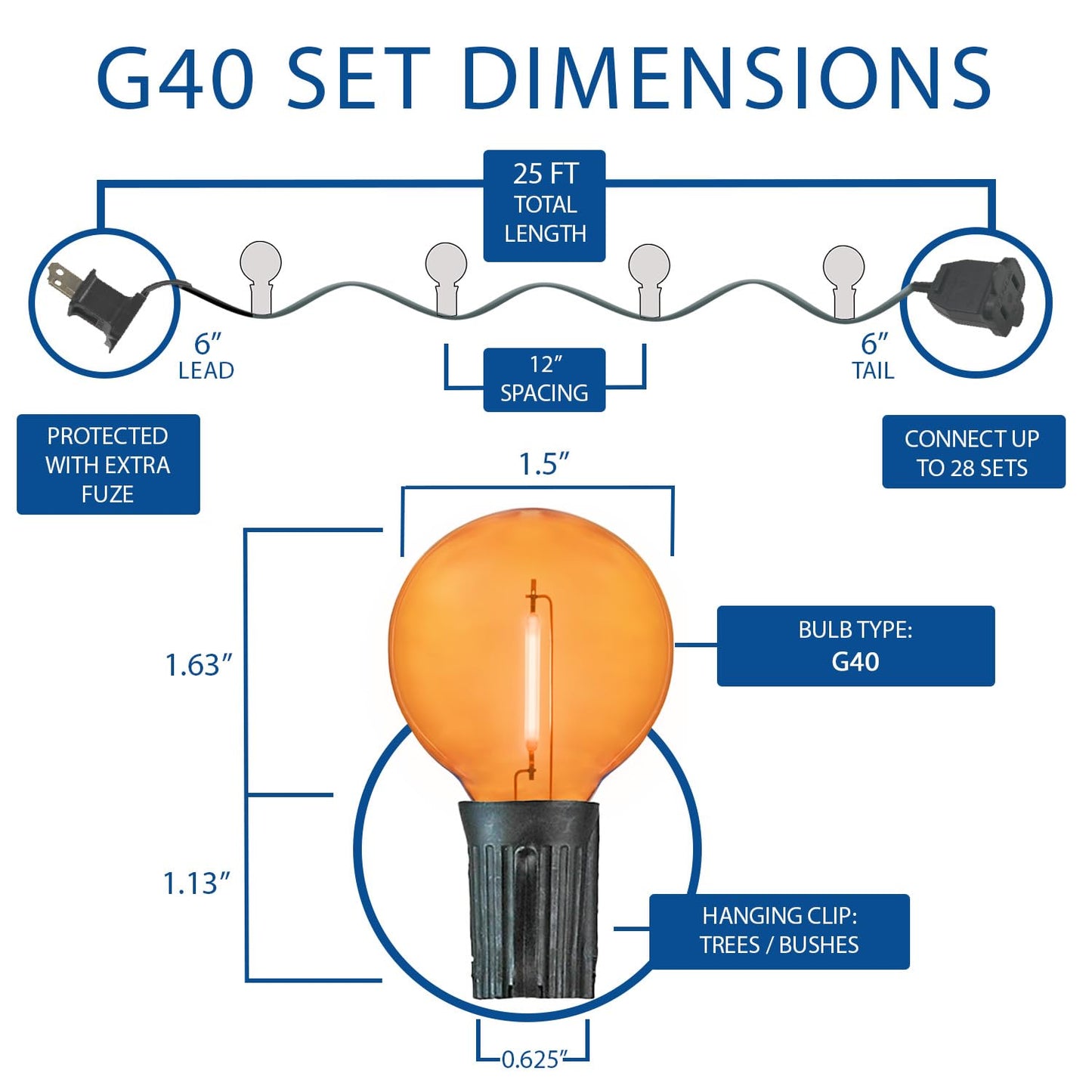 Novelty Lights G40 Filament LED String Light, Translucent Orange Bulbs, 25 Globe Lights with 12" Spacing on Green Wire, Indoor/Outdoor Festive Patio