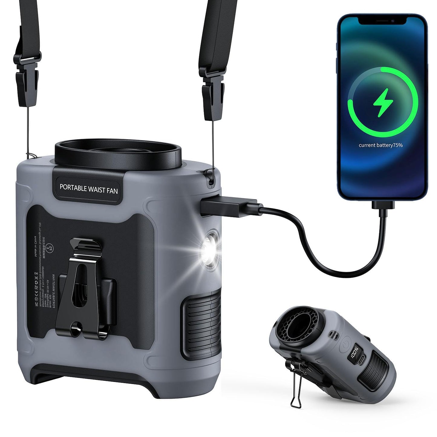 morsisho Portable Waist Fan 10000mAh Clip on Fan Belt Personal Fan with Rechargeable Battery operated, Flashlight & 5 Speeds Neck Hands-Free 40H