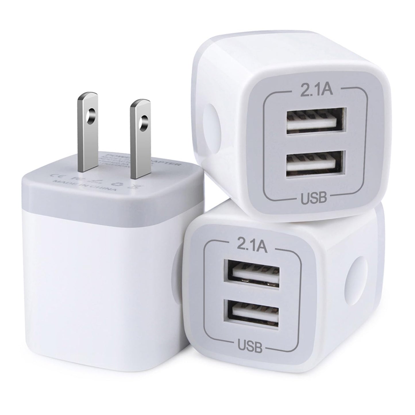 Charger Block, USB Wall Charger, Double USB Fast Charging Cube Block charger Box, 2.1A Phone CHARGERr Power Adapter 3Pack for iPhone 17 16 15 14 13 12