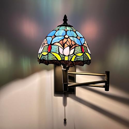 enjoy decor lamps Tiffany Sconce Lamp Swing Arm Blue Stained Glass Purple Tulips Pull Chain Switch LED Bulb Included for Bedroom Living Room