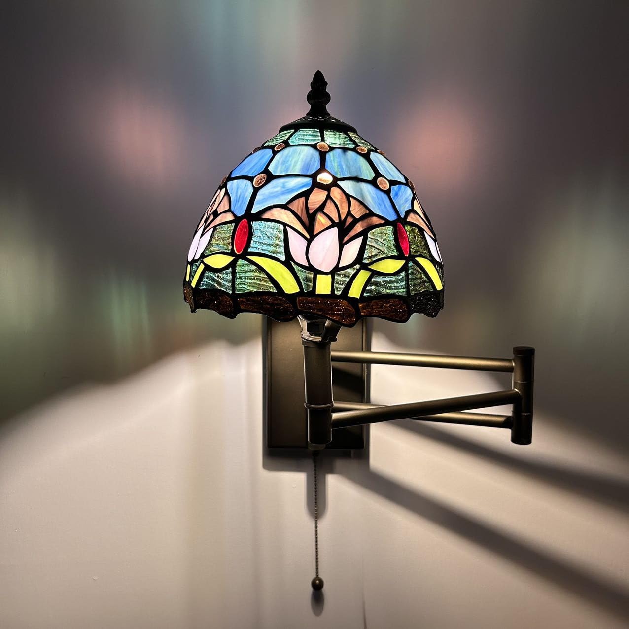 enjoy decor lamps Tiffany Sconce Lamp Swing Arm Blue Stained Glass Purple Tulips Pull Chain Switch LED Bulb Included for Bedroom Living Room