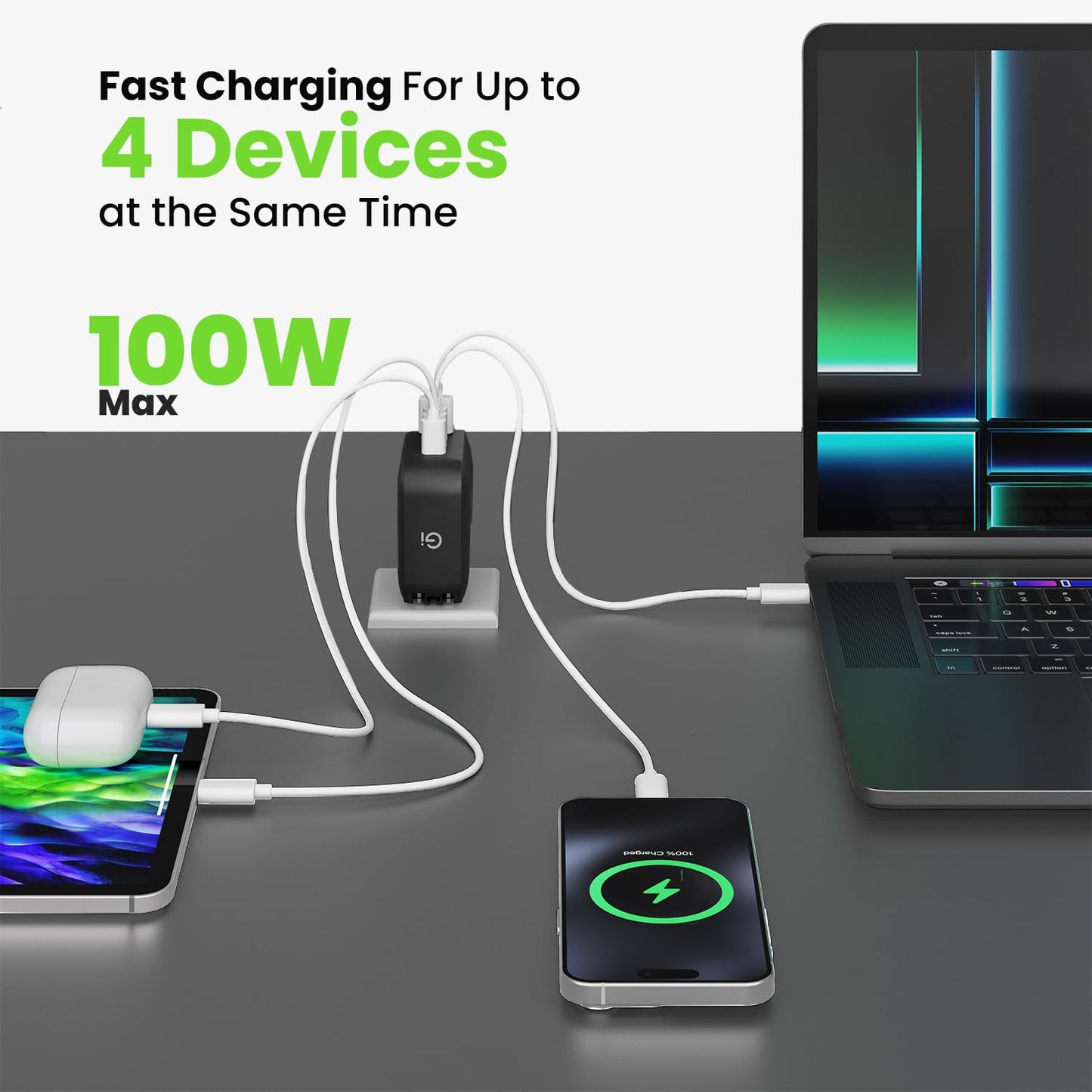 GEARit 100W USB C Charger Block - Fast Charging 4-Port GaN Wall Charger with PD 3.0 & PPS for Apple, Samsung, Dell XPS, MacBook Pro/Air, iPhone, iPad