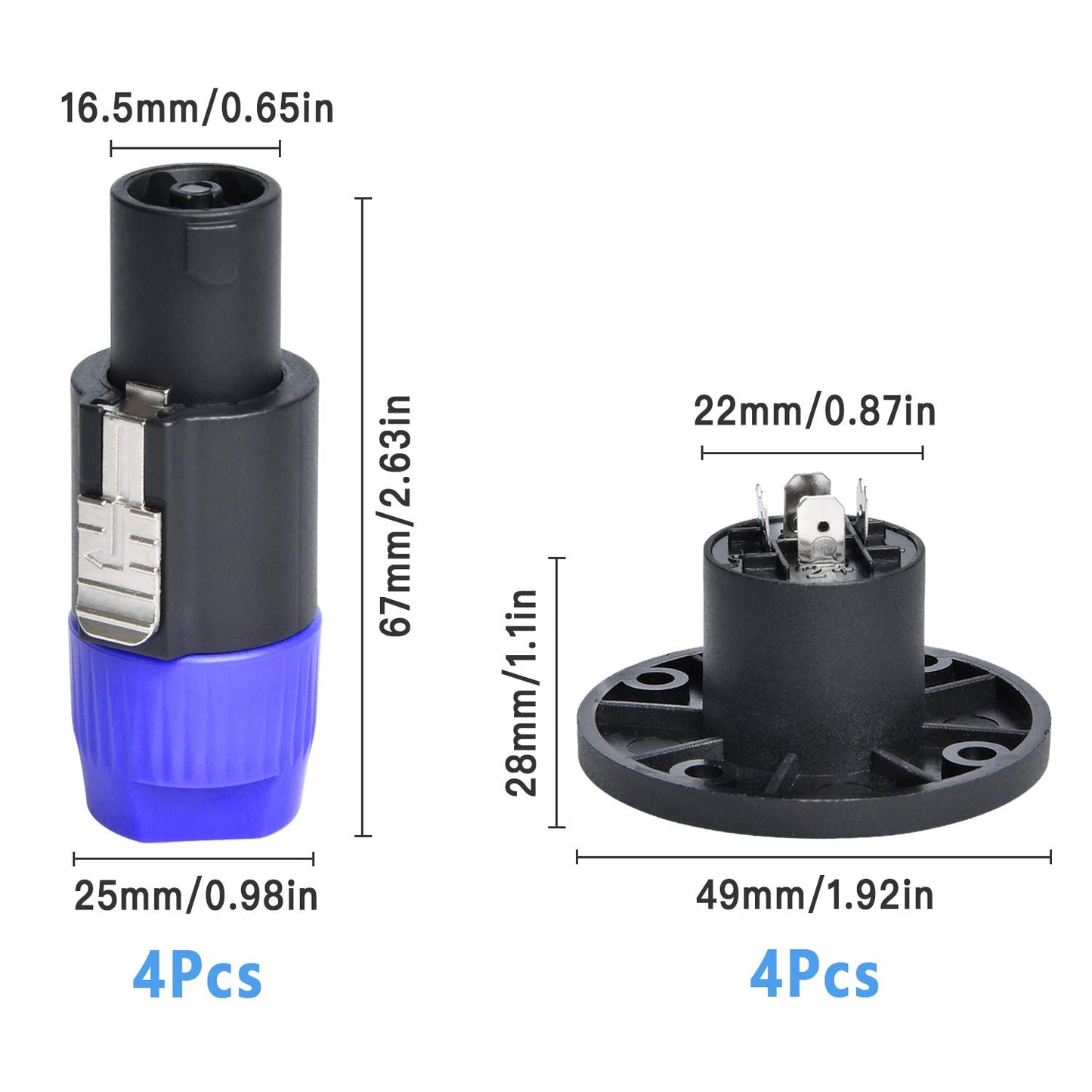Supkiir 8 Pack Audio Speaker Plug Kit, Including 4Pcs 4 Pole Speaker Plug and 4Pcs 4 Pole Square Female Panel Mount Socket Compatible with Neutrik