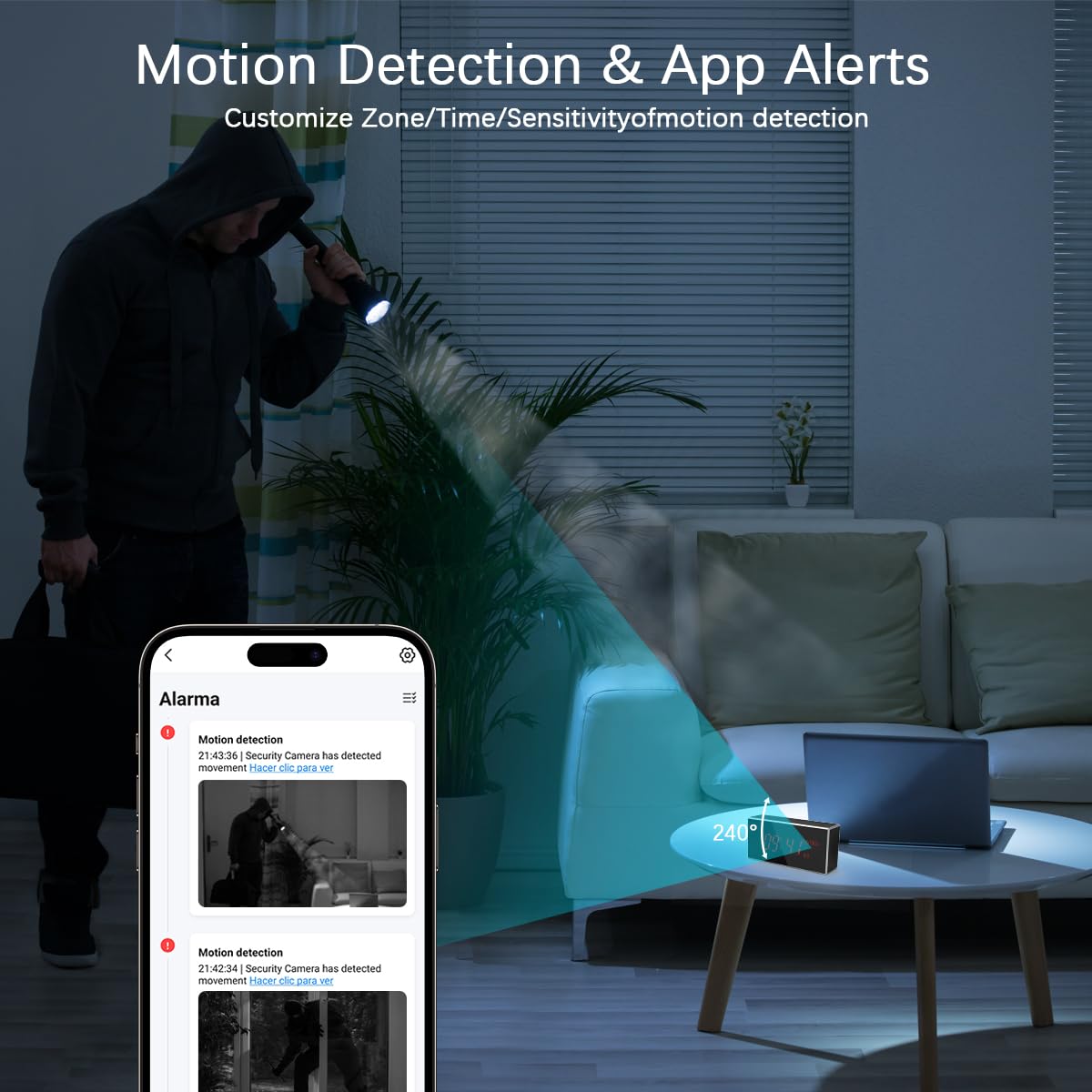 kelucimy Indoor Security Camera with Clock,HD1080P,Motion Detection,Wireless WiFi,Night Vision,160° Wide-Angle View,Phone App,24/7 Surveillance