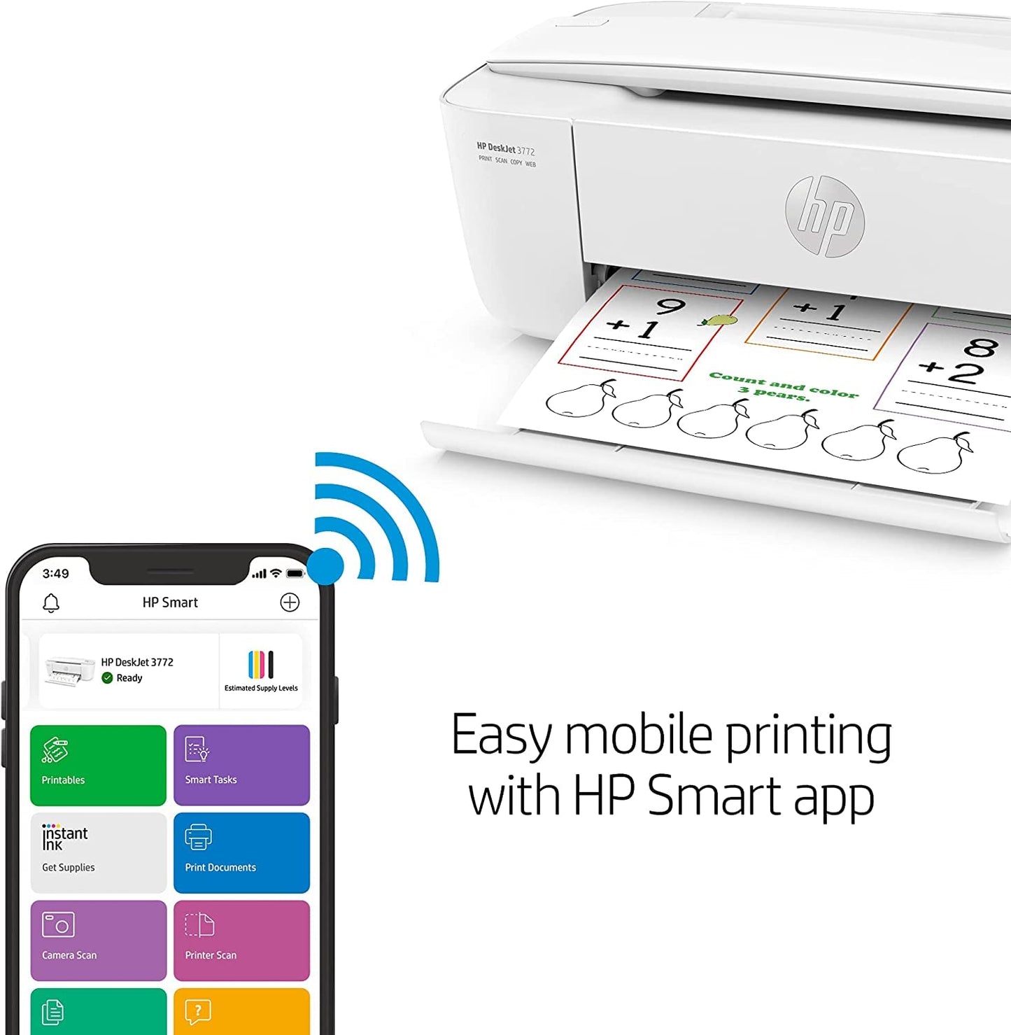 HP DeskJet 3772 All-in-One Wireless Color Inkjet Printer, Scan and Copy, Instant Ink Ready, W/Silmarils Printer Cable