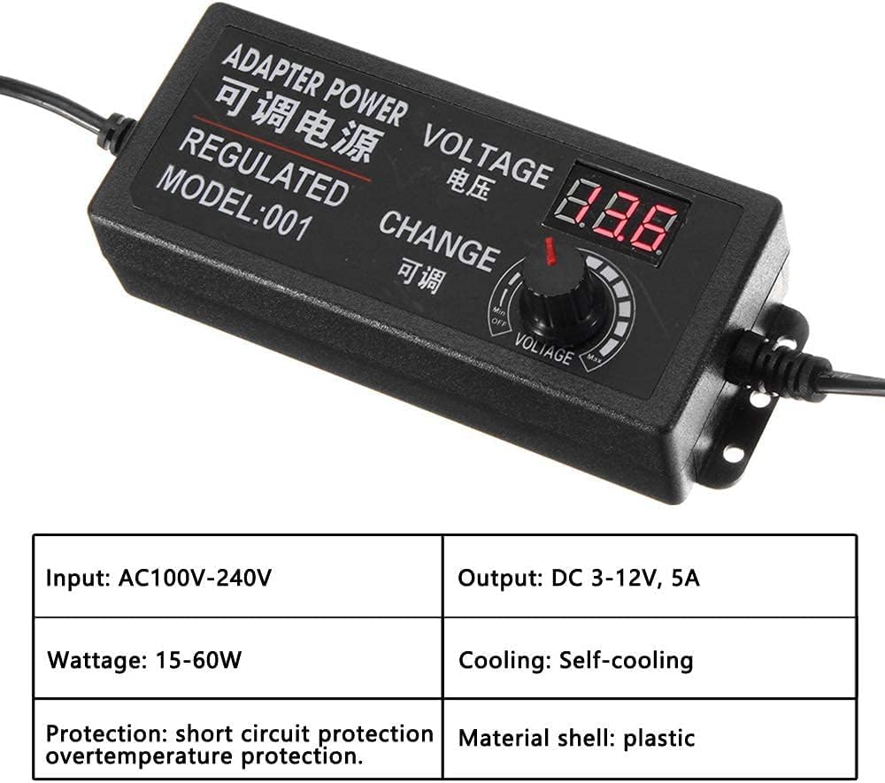 3V~12V 5A 60W Power Supply Adjustable DC 3V 5V 6V 9V 12V Universal Adjustable AC/DC Switching Power Adapter, 100V-240V AC to DC Converter with 14…