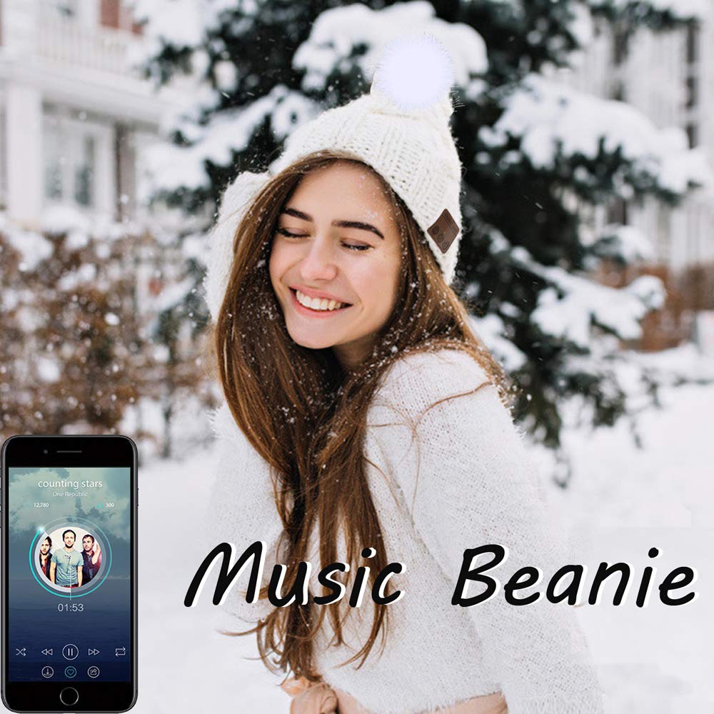 FashionLive Wireless Music Beanie Women Beanie Girls Hat Over Ear Headset Sports Stereo Headphone with Microphone Speaker Womens Beanie Cap Snow White