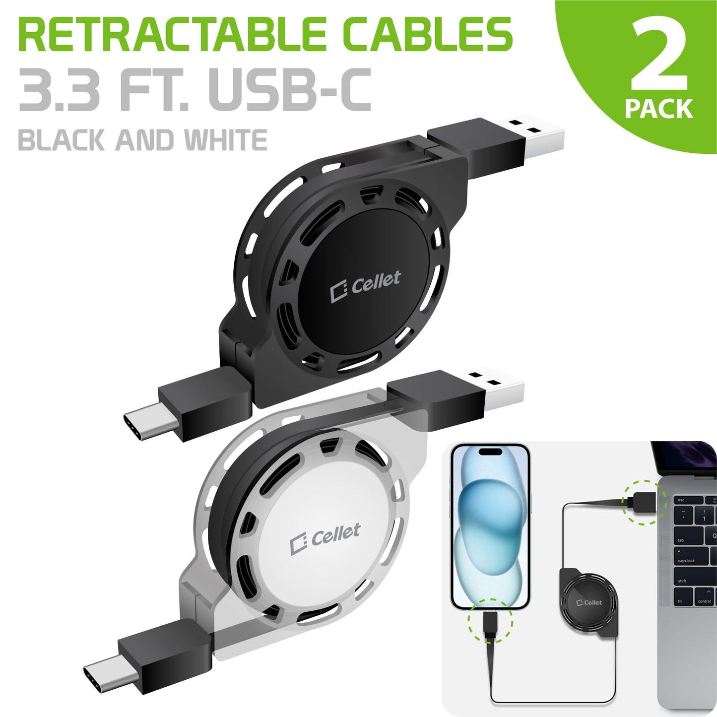 Retractable USB-C Charger Cable, Type-C 3 Feet Charging Cable Compatible to iPhone 15 Series, Samsung Galaxy Smartphones, Google Pixel, Moto iPad Pro