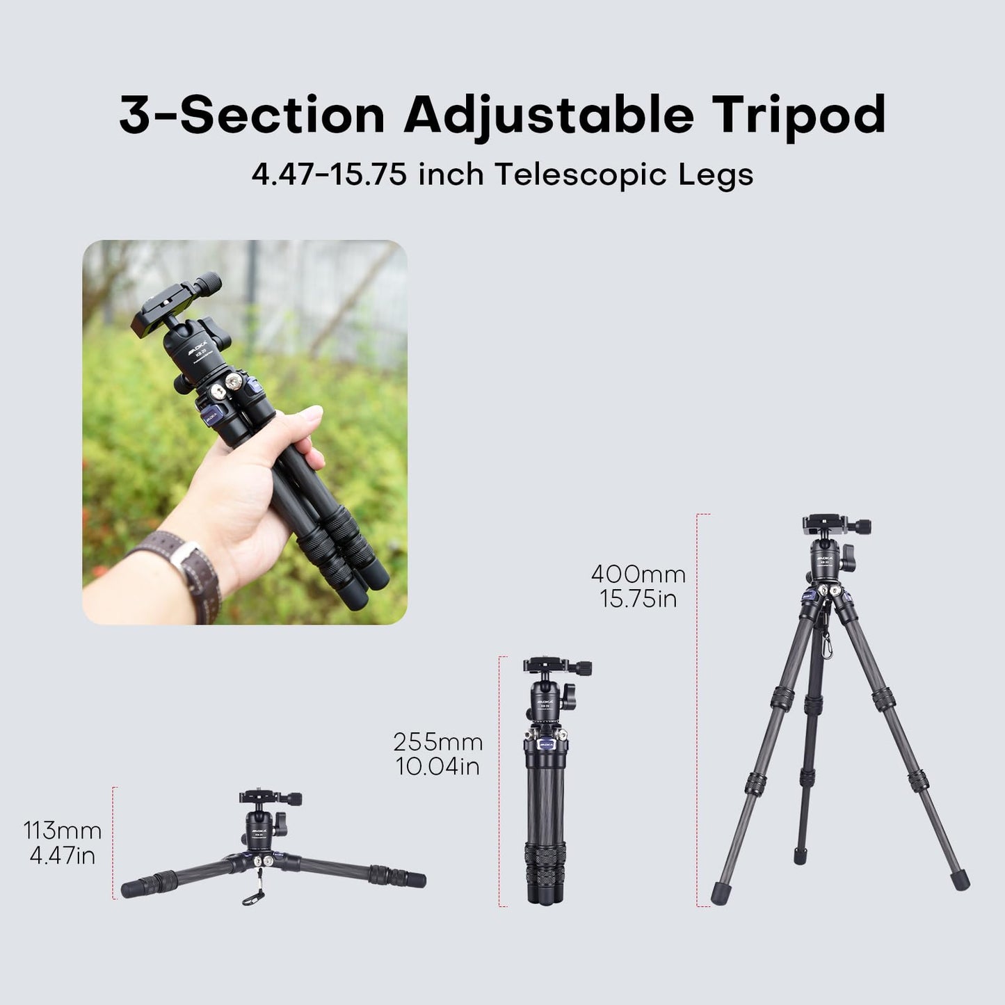 AOKA 15.75"/0.99 lbs Mini Carbon Fiber Tripod, Compact Pocket Travel Tabletop Tripod for Mobile Phones, Mirrorless Cameras, Digital Cameras
