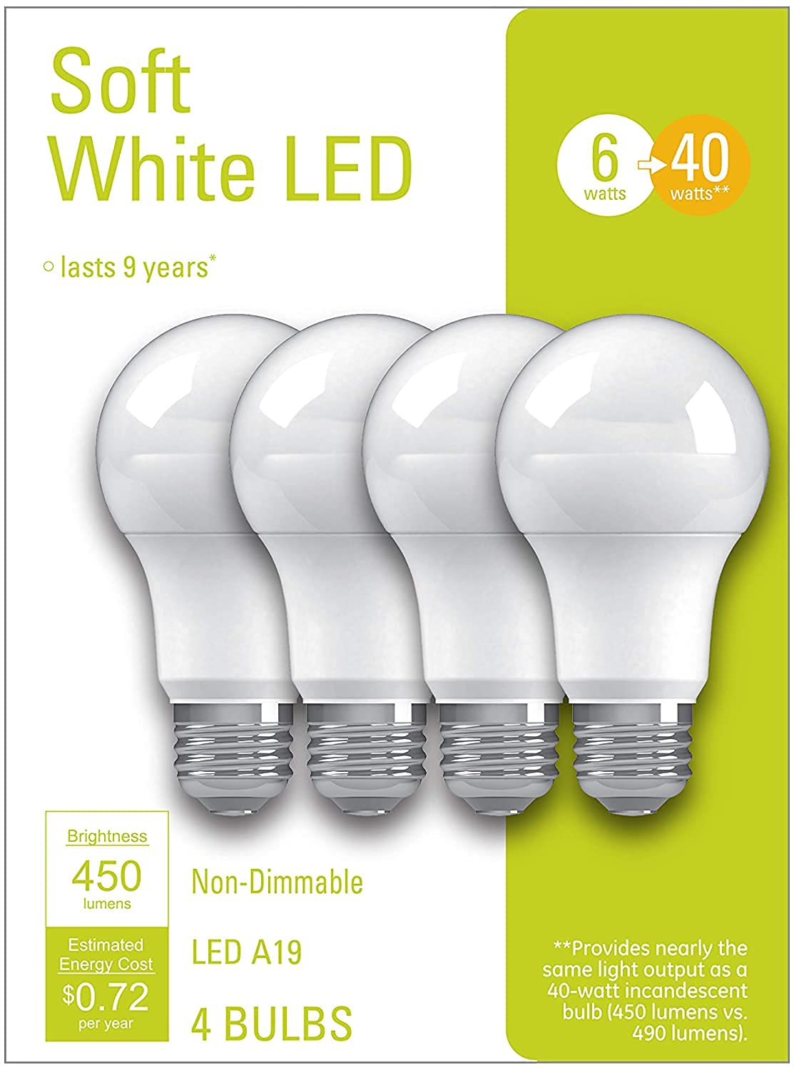 Centrifuge Lighting LED Light Bulbs, A19 General Purpose, 40 Watt Replacement, 450 Lumen, Medium Base, Soft White, 8 Bulbs