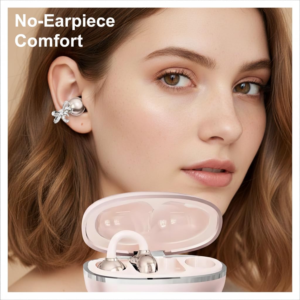 BEVCEFCC Clip-On Wireless Bluetooth Earbuds with Stylish Earrings Design, Lightweight Comfort, 48H Playtime for Women (White)