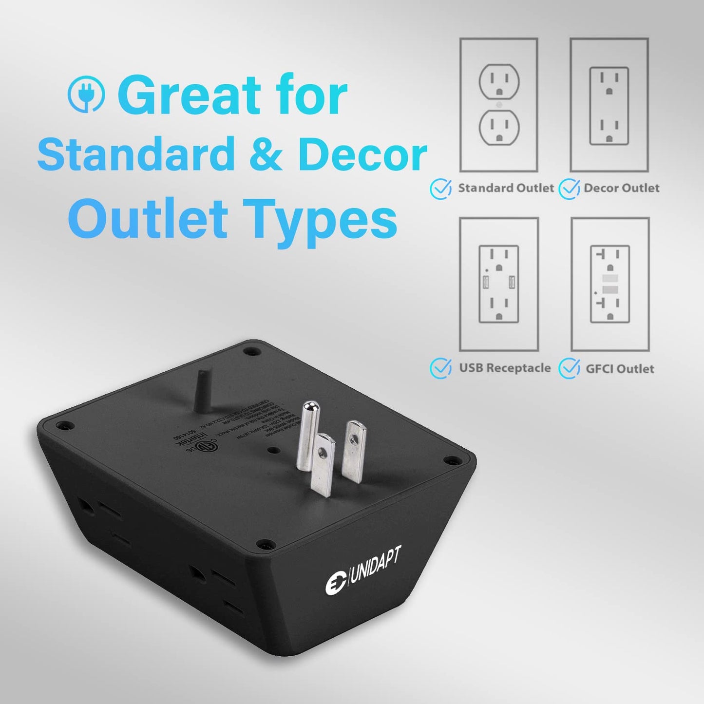 Multi Plug 6 Outlet Extender, Unidapt Black Surge Protector Wall Splitter, 900J Power Strip 3 Side Wide Spaced Adapter Multiple Charger Expander