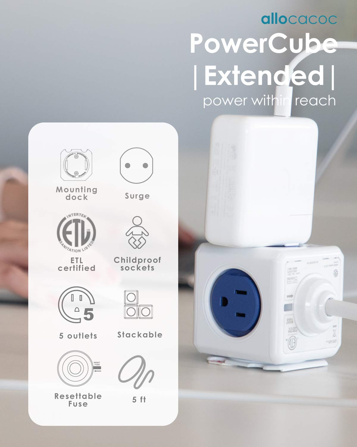 Power Strip Allocacoc PowerCube Extended 5 Outlets 5ft Cable Surge Protector No Blockage Mounting Dock Removable Tape, Compact for Travel Home Office