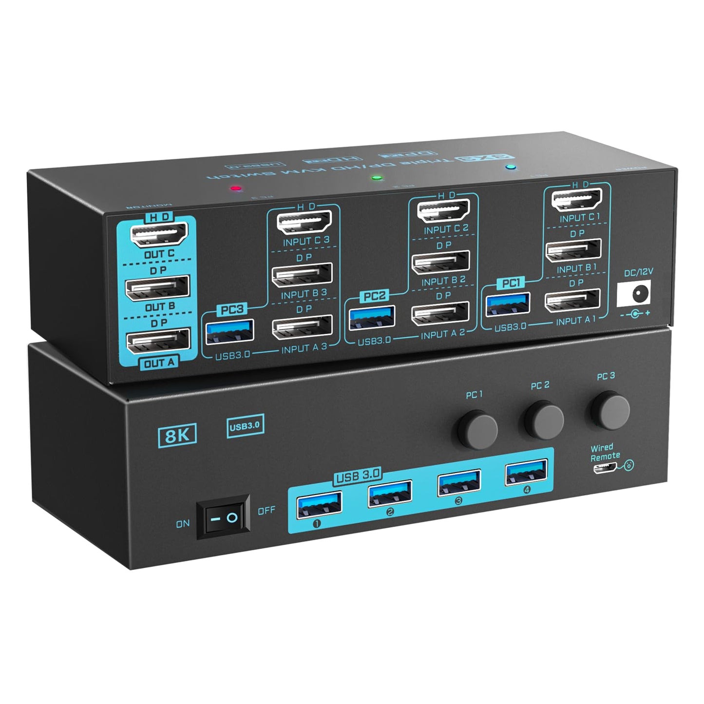 8K/4K KVM Switch 3 Monitors 3 Computers Triple Monitor 3 Port 2 Displayport 1.4 and HDMI 2.1 USB 3.0 KVM Switches, DP 1.4 Supports 8K@30Hz/4K@144Hz