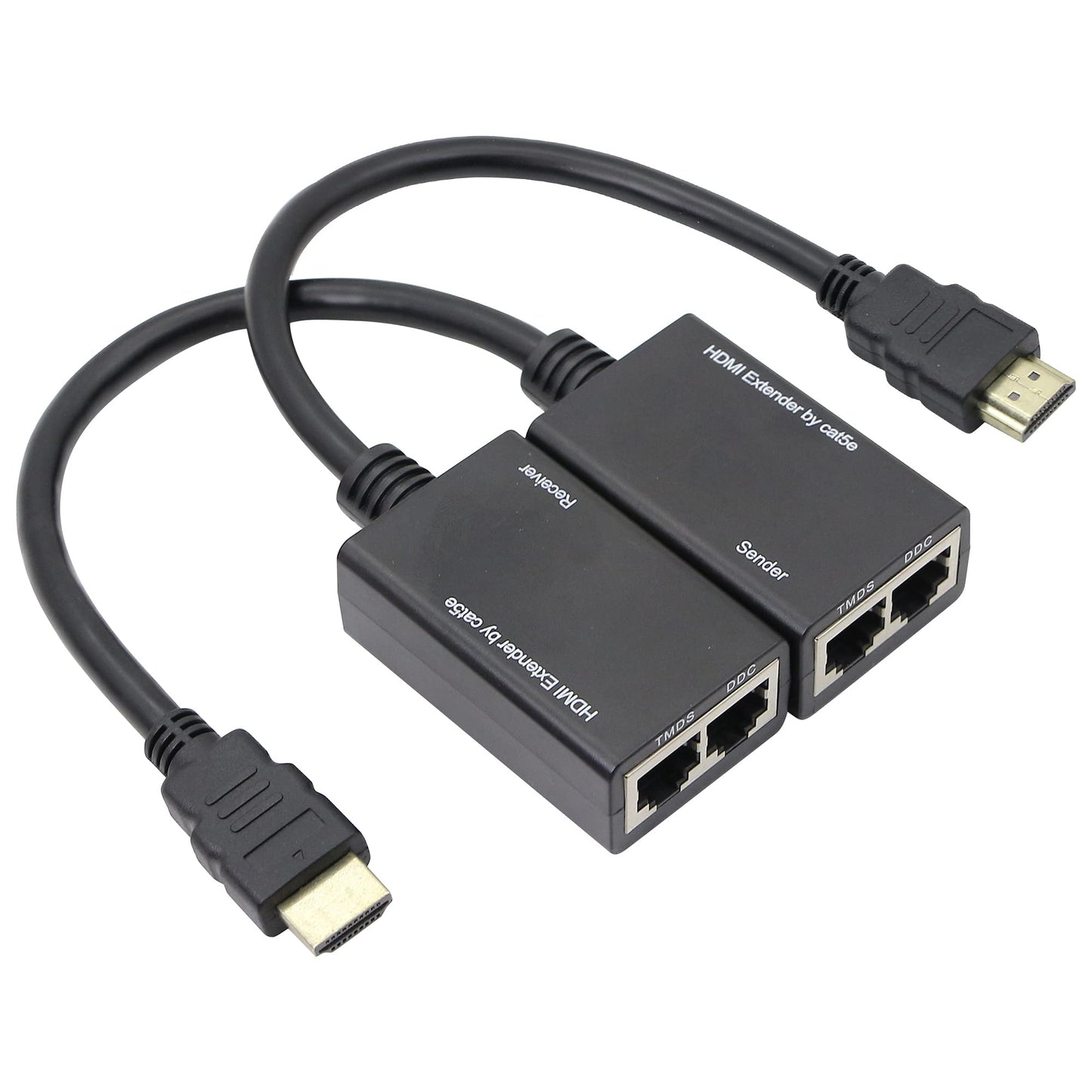 QIANRENON HDMI Extender Over Cat5e, RJ45 Ethernet to HDMI Cable 2 Ports Signal Amplifier 100ft 1080P HDMI Cable 30M Sender+Receiver, 2 Ports RJ45