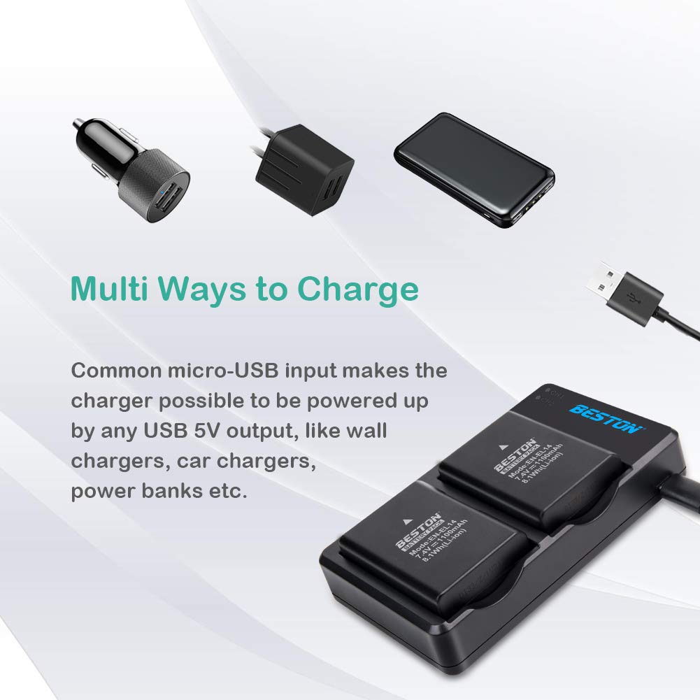BESTON 2-Pack EN-EL14 / EN-EL14a Battery Packs and Rapid USB Charger Compatible with Nikon D3100 D3200 D3300 D3400 D3500 D5100 D5200 D5300 D5500 D5600