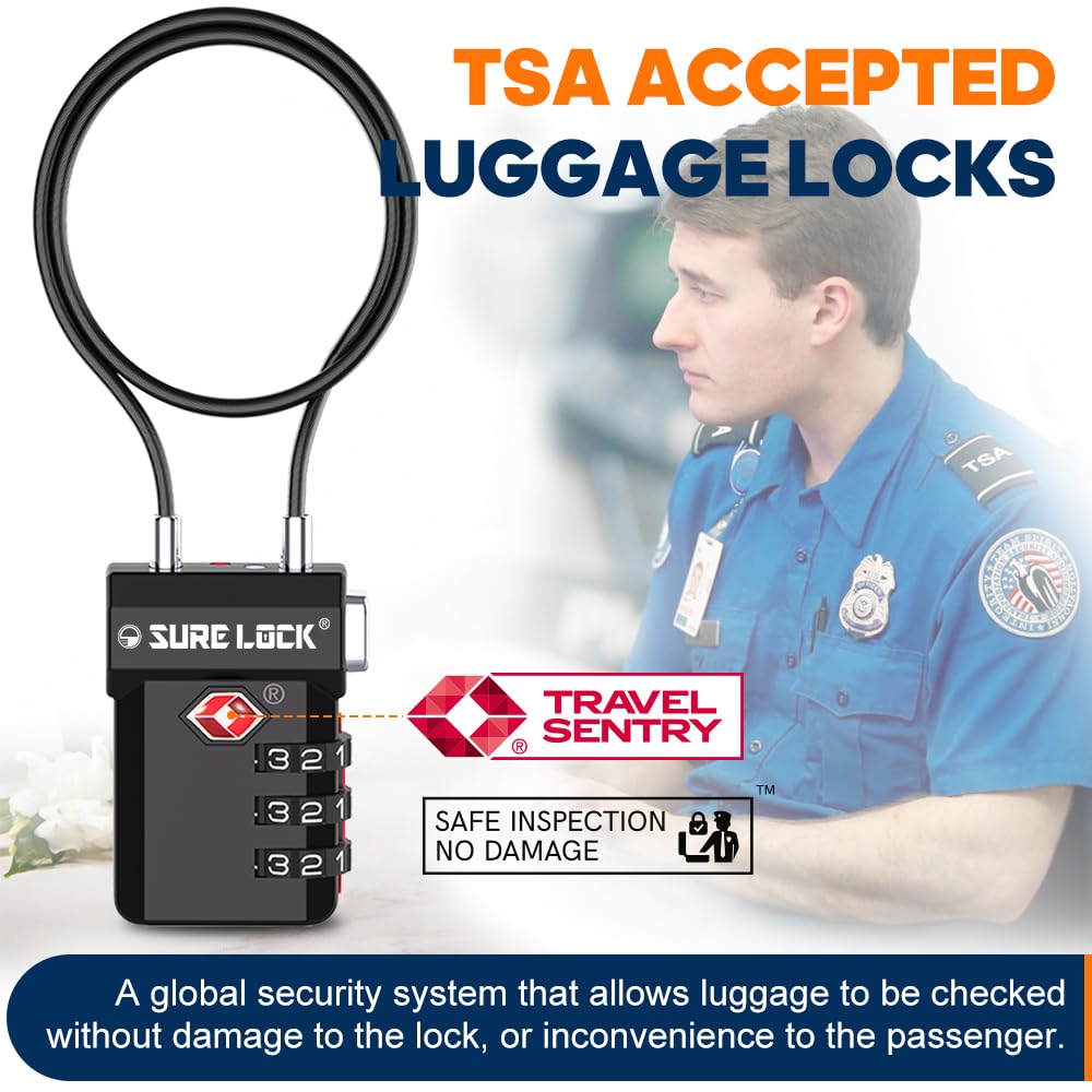 SURE LOCK TSA Approved Luggage Lock – 3-Digit Combination with Open Alert, Extra Long Cable, Easy-Read Dials for Suitcase & Travel