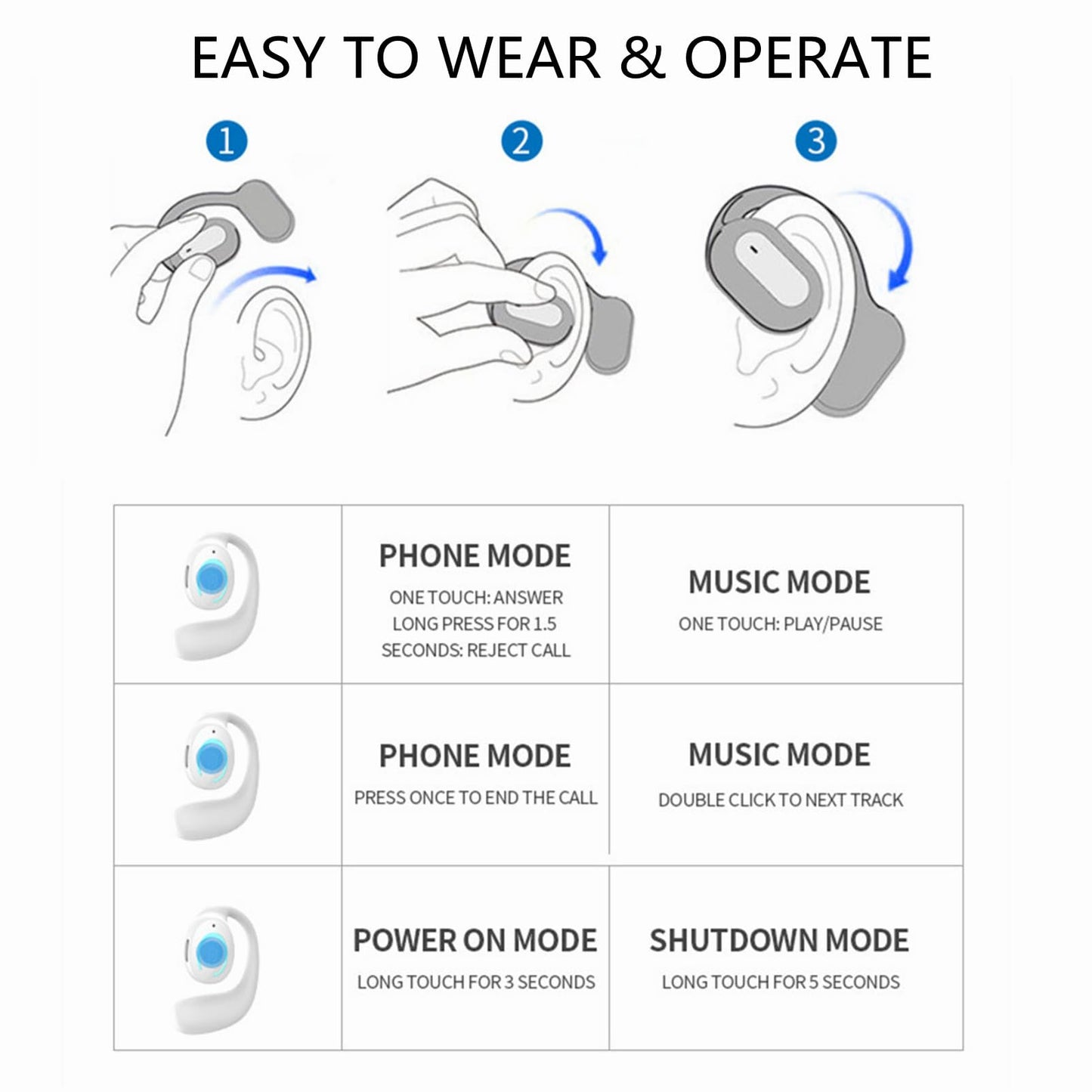 Sunffice Open Ear Bluetooth 5.3 Headphones,Single Wireless Earbuds with Earhooks,Noise-Cancellation Stereo Sound 36 Hours Playtime Sports Earpiece
