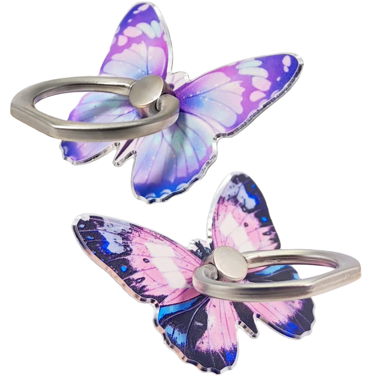 2 Pcs Butterfly Cell Phone Ring Stand Holder, Cute Butterfly Design Finger 360° Rotating Metal Hand Phone Stand Holder, with Adjustable Knob Loop