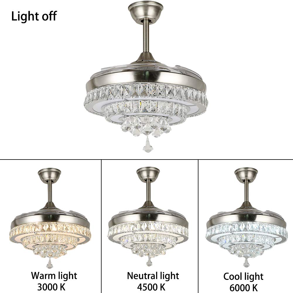 KPIBEST 42 inch Crystal Ceiling Fan with Light and Remote Control 3 Lights Level, Modern Indoor Invisible Retractable Chandelier Fans Lighting with 3