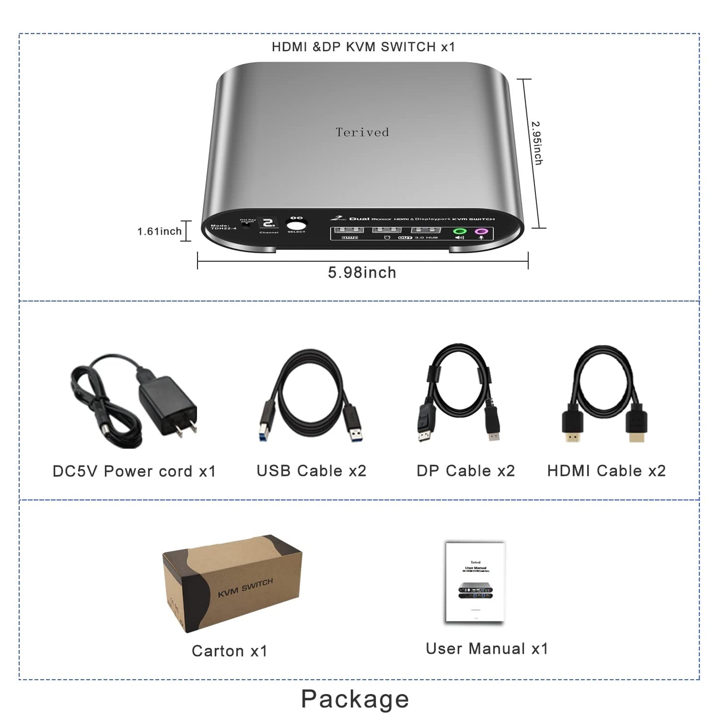 Terived HDMI(4K144Hz)&DP(4K60Hz) Monitor KVM Switch 4K60Hz, Audio Microphone hotkey with Cables