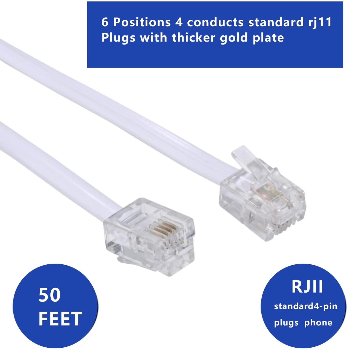 Yumiwoow Telephone Extension Cord Phone Cable Line Wire, with Standard RJ11 Plug and 1 in-Line Couplers and 30 Cable Clip Holders-White 15M