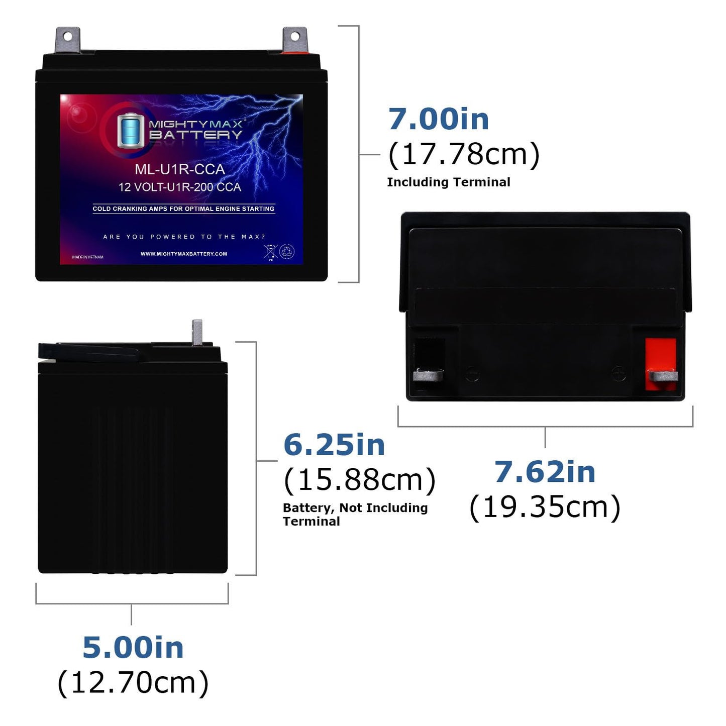 Mighty Max Battery ML-U1R-CCA -12 Volt, 200 CCA, Nut and Bolt (NB) Terminal, Rechargeable SLA AGM Battery