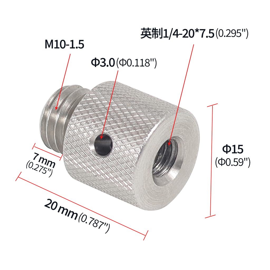NovelGoal Stainless Steel Inch 1/4-20 Female to M10-1.5 Male Adapter Screw Head Tripod Adapter Screw Photography Accessories Sports Camera Accessories