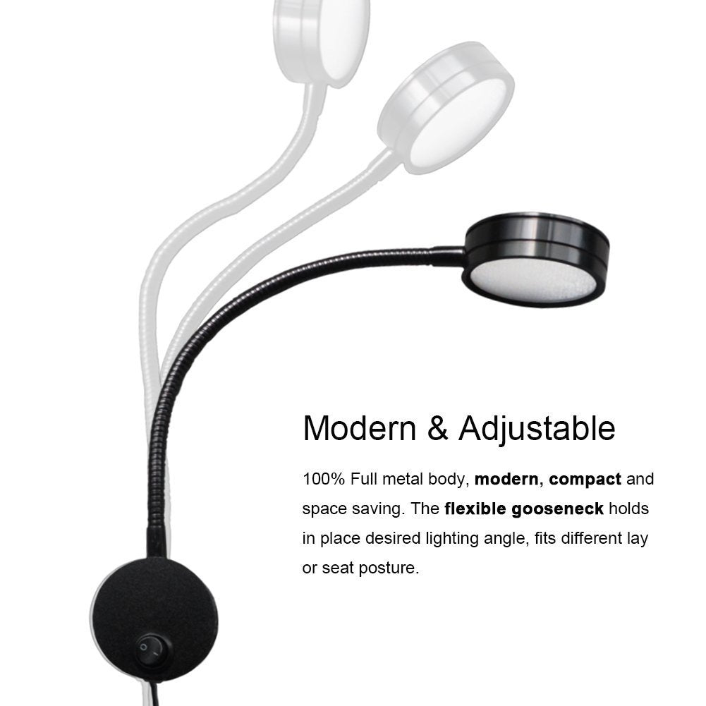 WeFoonLo 5W Wall Mounted Reading Light Flexible Gooseneck LED Sconce Lamp with Plug & Switch for Bedroom, Office, Workbench, Studio (03 Black Warm