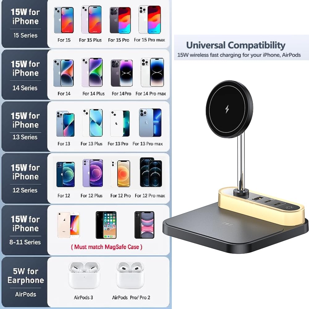 4-in 1 Magnetic Wireless Charging Station with Night Light, 15W Fast Charge for iPhone 16/15/14/13/12 & AirPods, 3-Port Hub (2xType-C, 1xUSB)