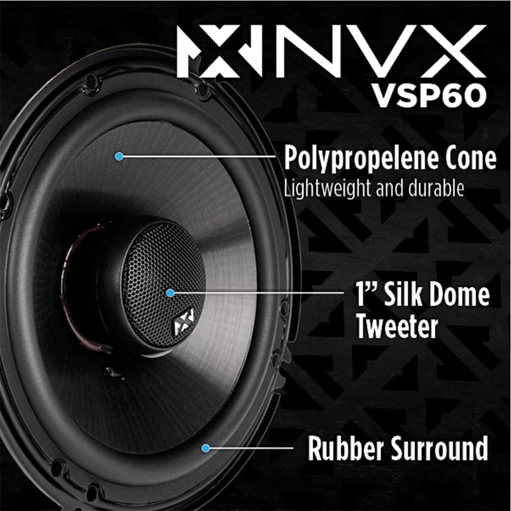 NVX® VSP60 6" Premium Car Speakers, 600W Max, 200W RMS, 2-Way 6 inch Coaxial w/ 1" Silk Dome Tweeters & Built-in X-Overs, Easy to Install in Cars/Trucks/Doors (Pair)