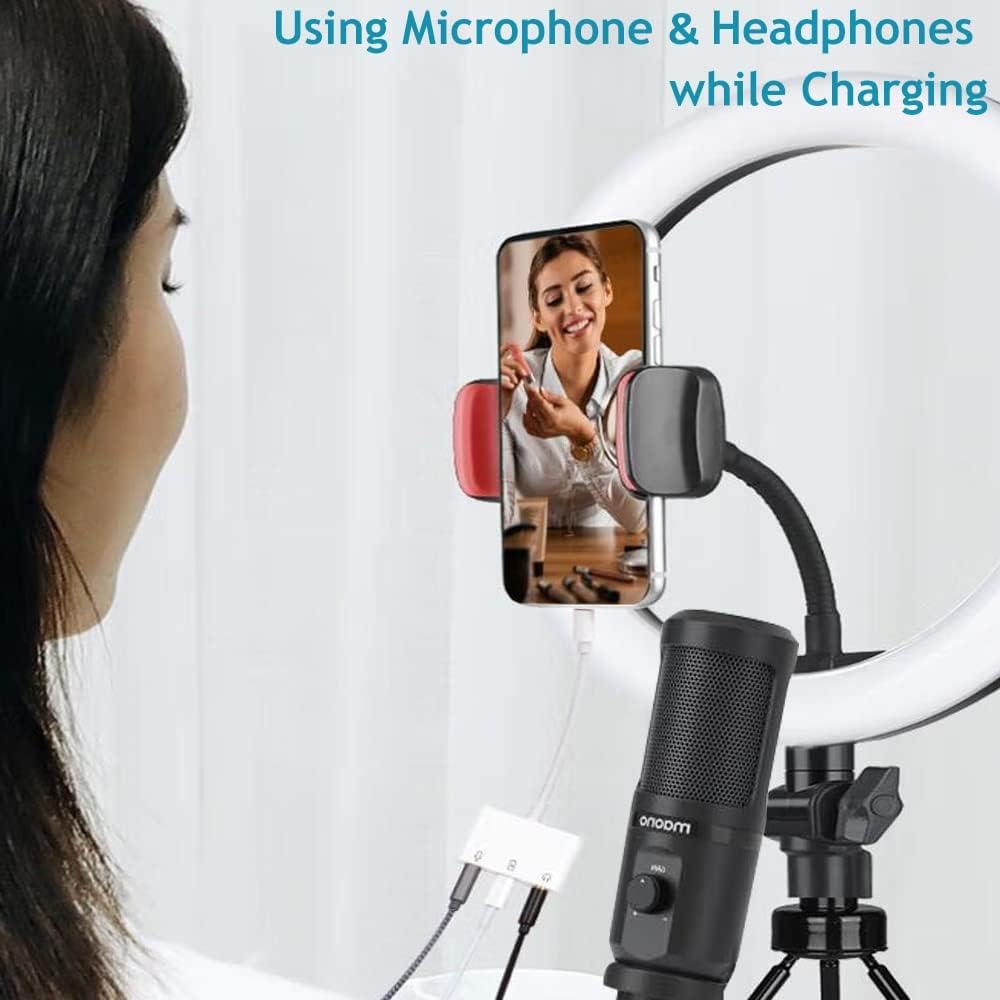 Ceotsak iPhone Microphone Adapter for Live-Streaming, Microphone & 3.5mm Headphone Adapter for iPhone/iPad, Audio & MIC Splitter with Charging Port