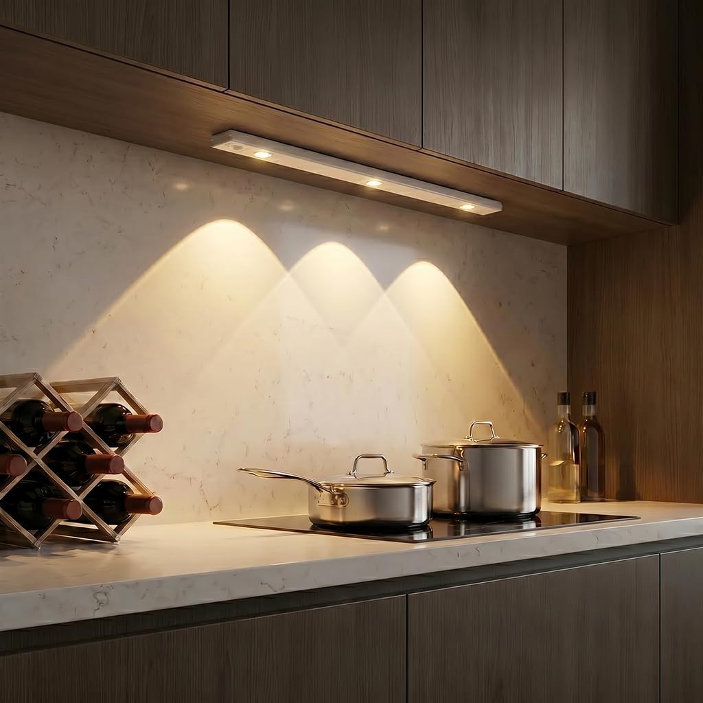 WhilsTec 2-Pack Wireless Under Cabinet Lights, Rechargeable LED Motion Sensor Closet Light, 3-Color Dimmable with Scalloped Light Cones for Kitchen