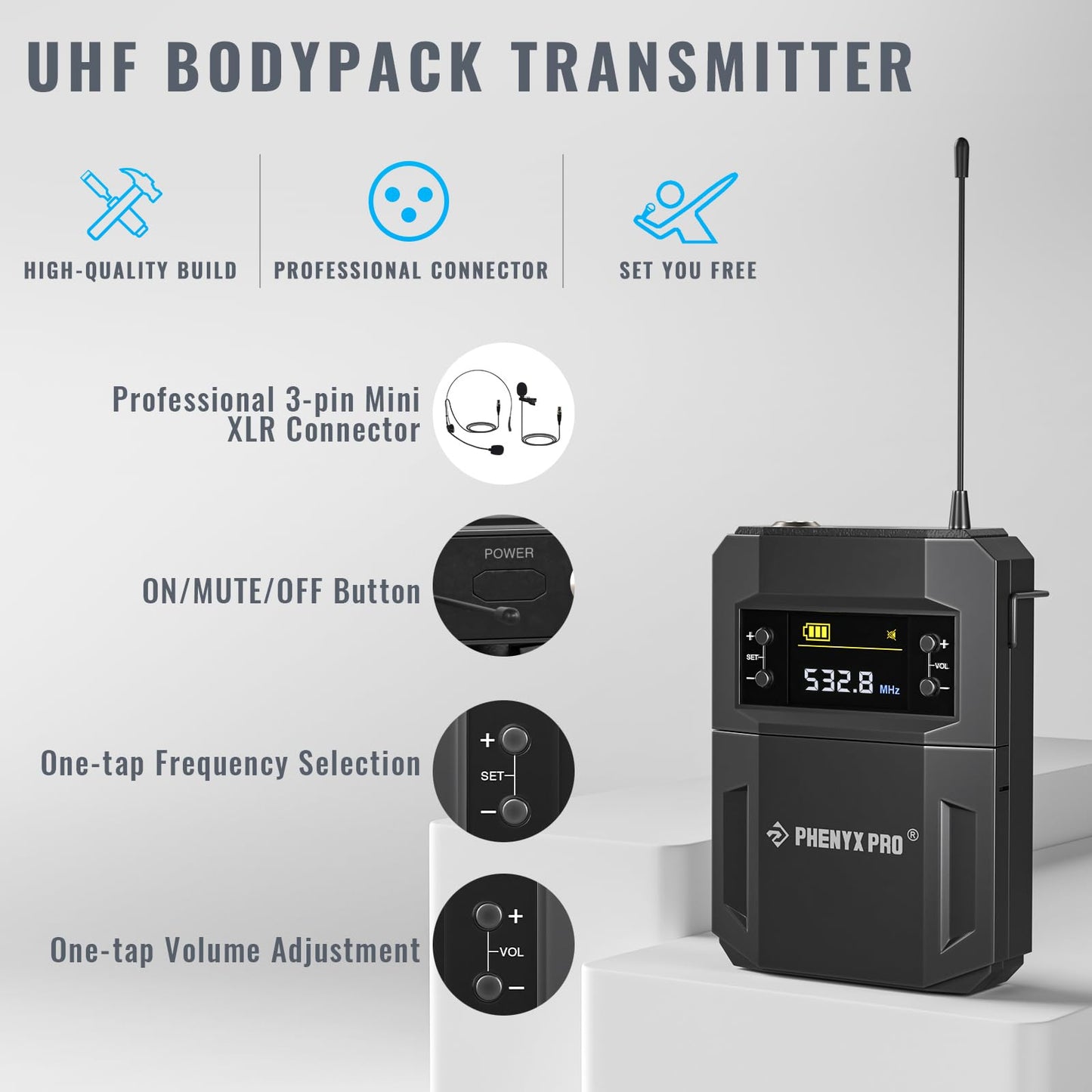 Phenyx Pro UHF Wireless Microphone System w/ 2x30 Tunable Frequencies, Metal Cordless Mic Set, 200 ft Range, 2 Bodypacks & Headsets/Lapel Mics for