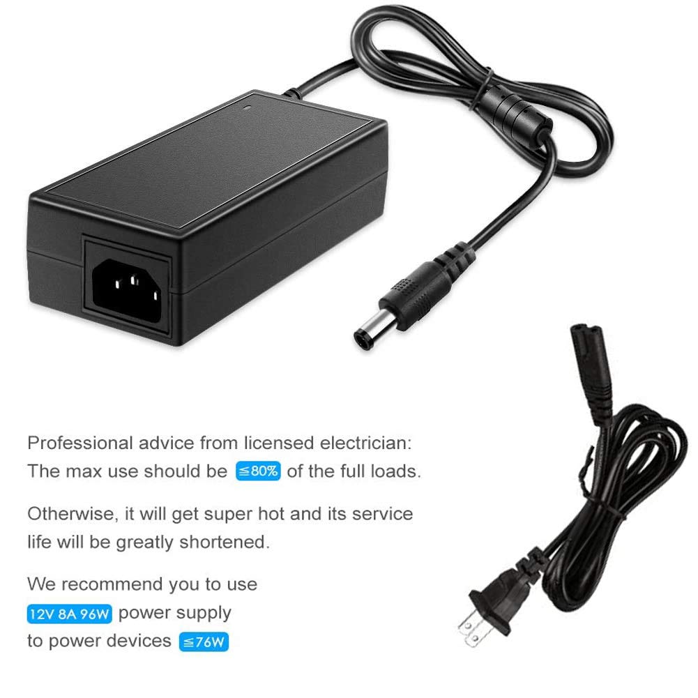 JOYLIT 12V 8A Power Supply Adapter, AC 110V-240V Convert to DC 12 Volt 8Amp Transformer with 2.1 X 5.5mm US Plug 3.6ft Cord Adaptor for LED Light…