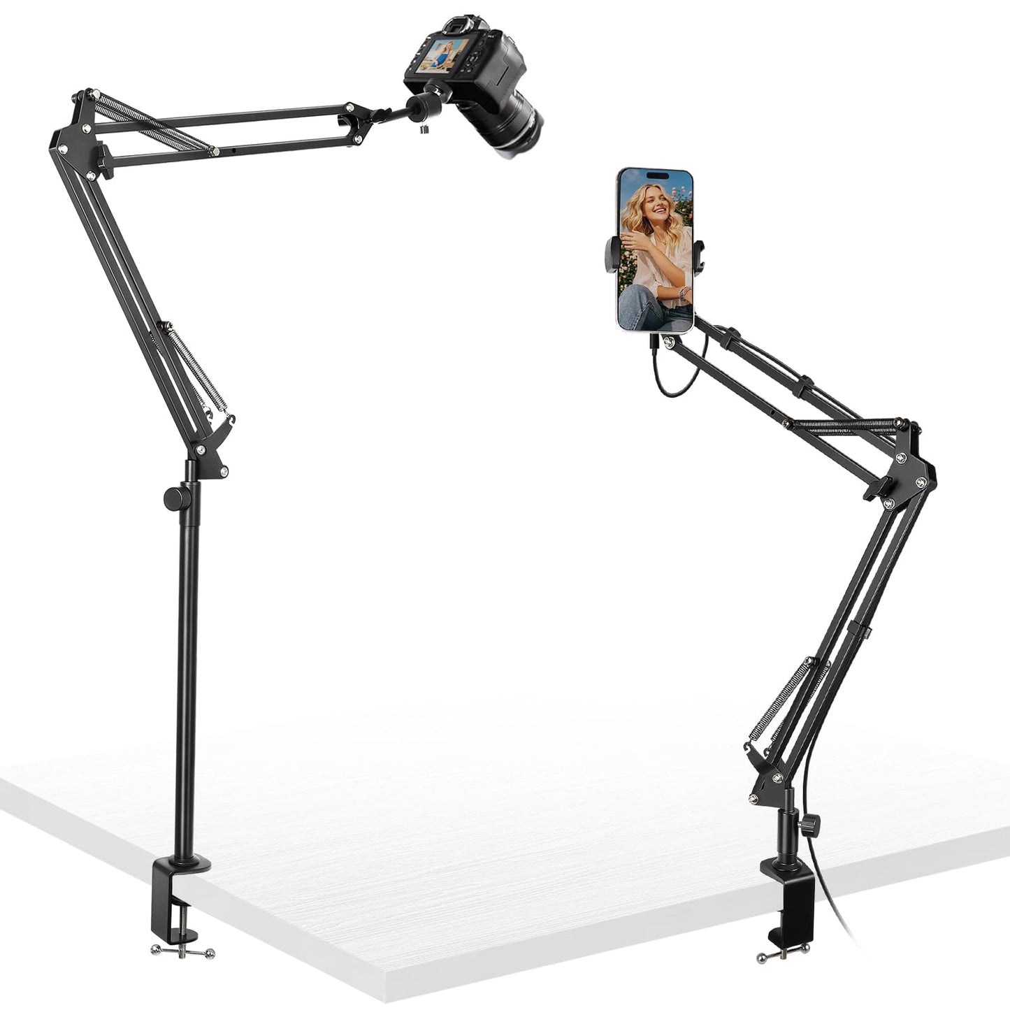 juttilax Overhead Camera Mount,Camera Desk Mount with 360° Adjustable Arm and Phone Holder,Max Load-Bearing 5lb,Desk Clamp Stand for Content Creation